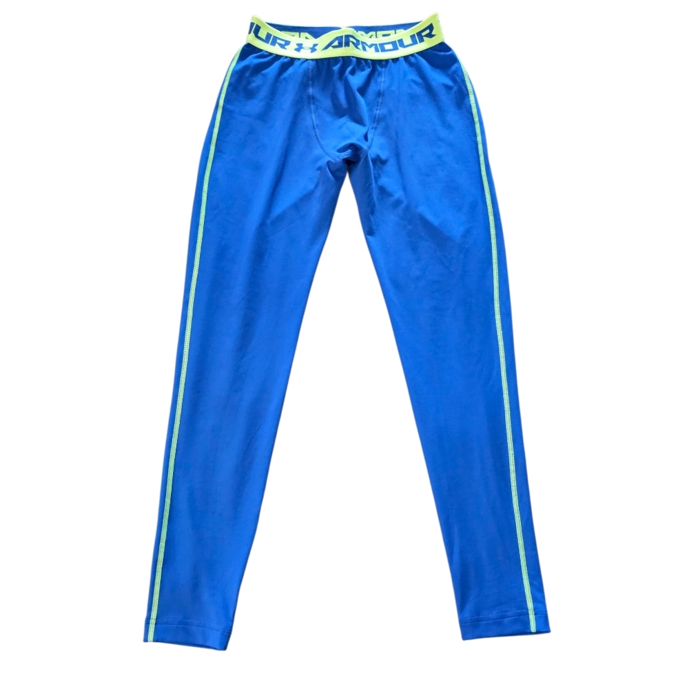 Boy's Under Armour Heatgear Compression Leggings Size Large Blue/Lime Green